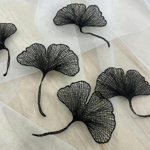 5 Stück schwarz-weiße Spitzen-Aufnäher mit Ginkgo-Blättern und Blumen-Stickerei, Patch-Applikationen, Reparatur-Schwarz von HBKUHIUT