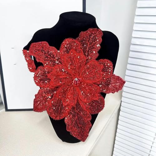 Stück Pailletten-Perlen-3D-Blumenspitzen-Aufnäher, mehrschichtige Applikation, Kleidungsstoff, Näh, DIY, handgefertigt, glänzend, Abendkleid, rot von HBKUHIUT