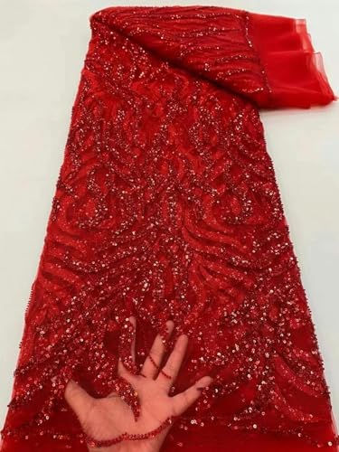 roter handgefertigter Spitzenstoff mit Perlen zum Nähen von Pailletten, Stickereien, Spitzenstoff für Damen, Hochzeitskleid-wie abgebildet_€-2,5 Yards von HBKUHIUT