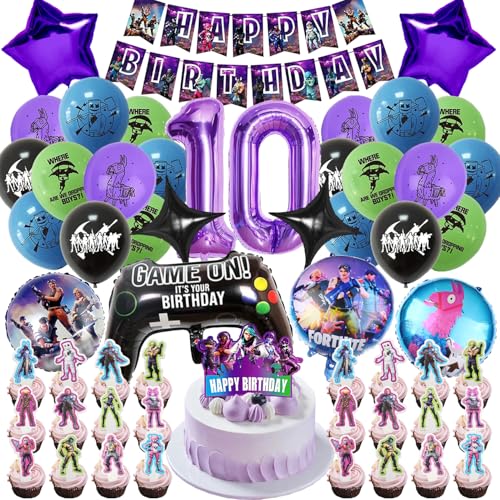 HBSFBH Fortnit Luftballons Deko Set, 55 Stück Fortnit Gamer Geburtstagsdeko 10 jahre Set, Fortnit Tortendeko Banner Kit, Fortnit party Geburtstagsdeko Set Mit luftballons, Gamer Deko Kindergeburtstag von HBSFBH