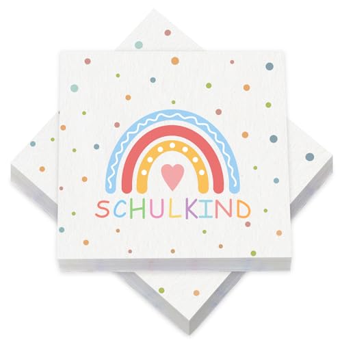 40 Stück 33x33cm Regenbogen Servietten, Einschulung Servietten mit Spruch Schulkind drauf, Schulanfang Tischdeko für Mädchen Junge, Papierservietten Schulanfang Deko von HBWHNIU