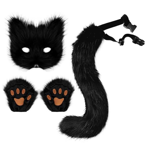 HBWL01 Kunstfell, Fuchsschwanz, Katze, Wolf, Cosplay-Kostüm-Set, Plüschmaske, flauschige Pfoten-Handschuhe, Halloween, Weihnachten, Party für Mädchen und Damen, Schwarz von HBWL01