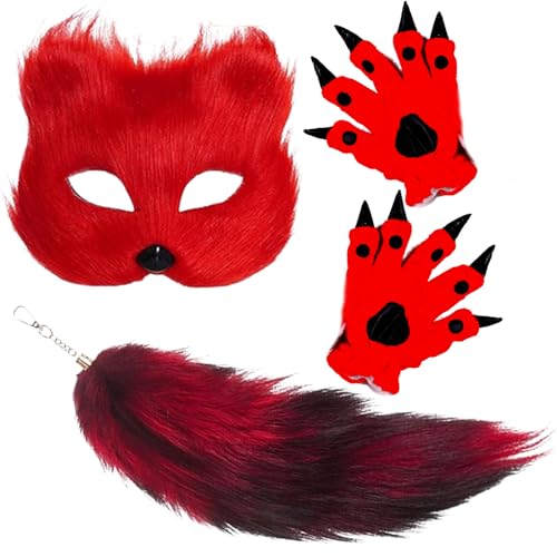 HBWL01 Maske und Schwanz-Set für Mädchen, Halloween, Katze, Schwanz, Cosplay, Fuchsmaske, Wolfsschwanz, ab 1 Jahr (rotes Maskenschwanz-Set) von HBWL01