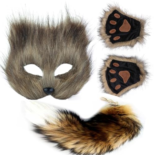 HBWL01 Maske und Schwanz-Set für Mädchen, Halloween-Katzenmaske, Schwanz, Cosplay, Fuchsmaske, Wolfsschwanz, ab 1 Jahr (Braun, 3-teiliges Set) von HBWL01