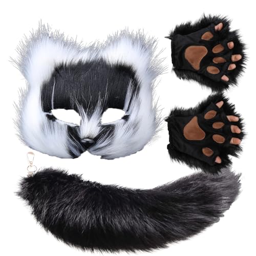 HBWL01 Maske und Schwanz-Set für Mädchen, Halloween-Katzenmaske, Schwanz, Cosplay, Fuchsmaske, Wolfsschwanz, ab 1 Jahr (schwarz, dreiteilig) von HBWL01