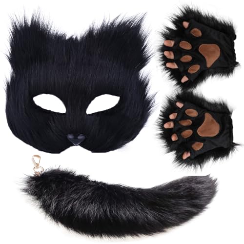 HBWL01 Maske und Schwanz-Set für Mädchen, Halloween-Katzenmaske, Schwanz, Cosplay, Fuchsmaske, Wolfsschwanz, über 1 Jahr alt (schwarze Maske, 3er-Set) von HBWL01