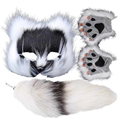 HBWL01 Maske und Schwanz-Set für Mädchen, Halloween-Katzenmaske, Schwanz, Cosplay, Fuchsmaske, Wolfsschwanz, über 1 Jahr alt (weißes dreiteiliges Set) von HBWL01