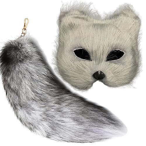 HBWL01 Maske und Schwanz für Mädchen, pelzige Katze, Fuchs, Wolf, Maske für Damen, Halloween-Kostüm (echte graue Maske, grauer Schwanz) von HBWL01