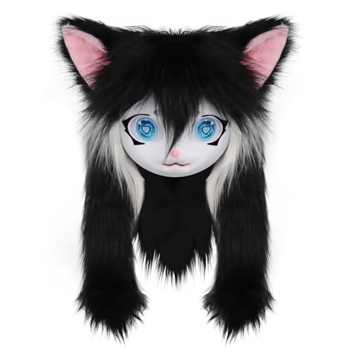 HBWL01 Tierkopf Katze Fursuit Schnittmaske Halloween Maskerade Cosplay Kostüm Requisiten (Schwarzweiß) von HBWL01