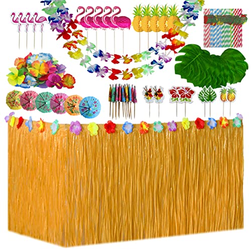 156-teiliges hawaiianisches tropisches Party-Dekorationsset, hawaiianischer Gras-Tischrock, Hawaii-Girlande, Palmblätter, farbige Regenschirme, 3D-Obst-Strohhalme, Strand, Sommerparty (Strohfarbe) von HBell