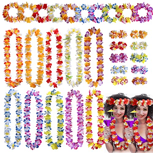 HBell 40 Stück hawaiianische Leis Party Dekorationen, hawaiianische Girlanden Blumenarmbänder Stirnbänder Halsketten, für Tropische Luau Party Sommer Strand Party Zubehör von HBell