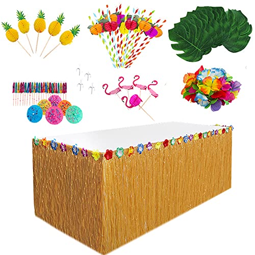 HBell 77-teiliges Hawaii-Gras-Tischrock-Set für tropische Party-Dekoration, Palmblätter, hawaiianische Blumengirlande, bunte Regenschirme, Papier-Ananas, 3D-Obst-Strohhalme, Garten, Grillen von HBell