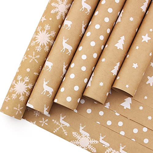 HBell Christmas Wrapping Paper Rolls,5 Rolls 44cm x 3M Christmas Wrap Paper,Brown Kraft Wrapping Paper Roll,Snowflake Elk Xmas Tree Wrapping Paper for Christmas,Party,Festive Decorations von HBell