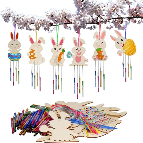 HBell Easter Wooden Wind Chime Kits,Easter Wooden Rabbits Crafts DIY Bunny Windchimes Set for Kids Easter Party Supplies Kids Painting Arts Crafts Spring Home Garden Decor(Rabbit) von HBell