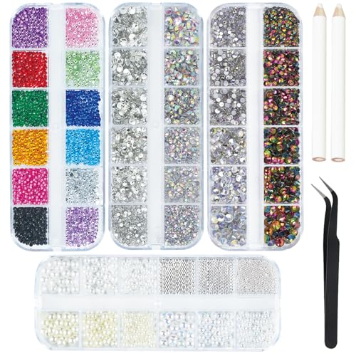 7200 Stück Strasssteine, Nagelkunst-Edelsteine mit Nagelperlen, Nagelkaviar-Perlen, Pinzette, Kristall-Strass-Picker, flache Rückseite, Nagel-Edelsteine für Nagelkunst, Kleidung, Gesicht, Handwerk von HCAXKFMMXU