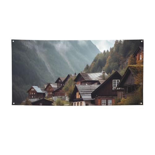 Große Banner und Schilder, Vintage-Häuser in Bergen, personalisierbar, Party-Banner, Wandbehang, Hintergrund mit Seil zum Aufhängen, für Innen- und Außenbereich, Büro, klein von HCBPWVQA