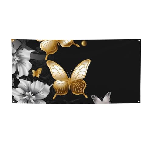 Große Banner und Schilder, goldfarben, weiße Schmetterlinge, schwarze Flaggen, personalisierbar, Party-Banner, Wandbehang, Hintergrund mit Seil zum Aufhängen, für Innenwand, Außenbereich, Büro, Größe von HCBPWVQA