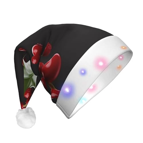 HCBPWVQA Weihnachtsmütze mit Stechpalmenbeerzweigen, lustig, Unisex, Samt, mit bunten LED-Lichtern, Weihnachtsmütze für Erwachsene, Weihnachtsmannmütze für Neujahr, festliches Partyzubehör von HCBPWVQA