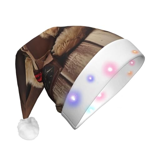 HCBPWVQA Weihnachtsmütze mit Weihnachtsbaumzweig, Bärenpuppe, lustig, Unisex, Samt, Weihnachtsmütze mit bunten LED-Lichtern, Weihnachtsmütze für Erwachsene, Weihnachtsmannmütze für Neujahr, festliches von HCBPWVQA