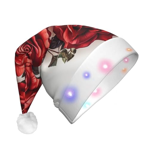 HCBPWVQA Weihnachtsmütze mit roten Rosen und Blumen, lustig, Unisex, Samt, mit bunten LED-Lichtern, Weihnachtsmütze für Erwachsene, Weihnachtsmannmütze für Neujahr, festliches Partyzubehör von HCBPWVQA