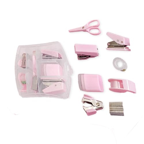 Mini-Bürobedarf-Kits, Mini-Schulbedarf, inklusive Schere, Mini-Hefter, Klebebandspender, Locher, Heftklammern, Mini-Desktop-Hefter mit tragbarer Tasche für Büro, Schulbedarf und Heimwerker (Rosa) von HCHMAO