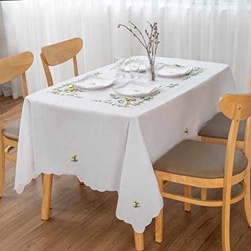 HCRAFT Stickerei, handgefertigte Tischdecke, Sonnenblumentischdecke, rechteckig, 100 % Baumwolle, rechteckige Tischdecke mit 6 Platzsets, florale Tischdecke für Küche, Esszimmer, Familie, Weiß, 152,4 von HCRAFT