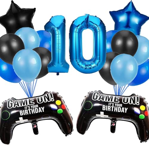 HCRXVV Gamer Deko 10. Geburtstag Junge,10 Jahr Videospiel Geburtstagsdeko,Blaue Ballons Set mit Schwarz Gamecontroller Luftballons für 10th Gamer Kinder Geburtstagsdeko Party Zubehör von HCRXVV