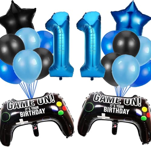 HCRXVV Gamer Deko 11. Geburtstag Junge,11 Jahr Videospiel Geburtstagsdeko,Blaue Ballons Set mit Schwarz Gamecontroller Luftballons für 11th Gamer Kinder Geburtstagsdeko Party Zubehör von HCRXVV