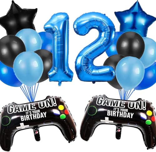 HCRXVV Gamer Deko 12. Geburtstag Junge,12 Jahr Videospiel Geburtstagsdeko,Blaue Ballons Set mit Schwarz Gamecontroller Luftballons für 12th Gamer Kinder Geburtstagsdeko Party Zubehör von HCRXVV