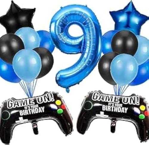 HCRXVV Gamer Deko 9. Geburtstag Junge,9 Jahr Videospiel Geburtstagsdeko,Blaue Ballons Set mit Schwarz Gamecontroller Luftballons für 9th Gamer Kinder Geburtstagsdeko Party Zubehör von HCRXVV