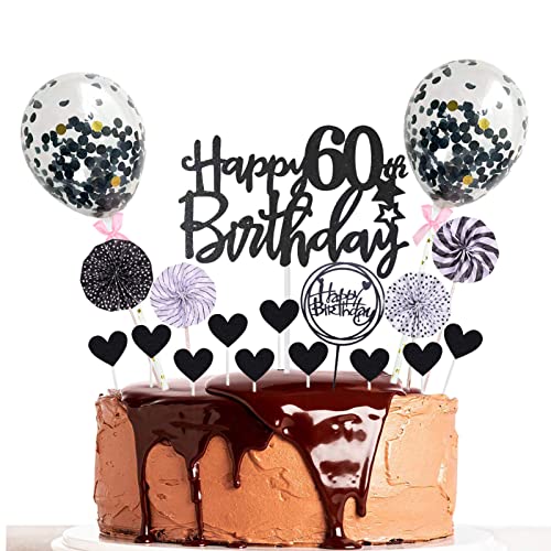 HCRXVV Happy Birthday Tortendeko 60 Geburtstag Mann Schwarz Glitzer Cake Topper Geburtstagsdeko Frauen mit Herz Kuchen Topper Papierfächer und mini Luftballons für 60th Geburtstag Party Dekoration von HCRXVV