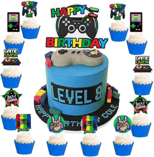 HCRXVV Happy Birthday Tortendeko Junge Geburtstag Gamer Torte Deko Controller Playstation Cake Topper Muffin Kuchen Deko Cupcake Toppers für Jungen Kinder Männer Herren Geburtstag Party von HCRXVV