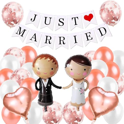 HCRXVV Hochzeitsdeko Ballons Deko Just Married Girlande,29 Stück Rosegold Hochzeit Dekoration,Luftballon Brautpaar figuren Folienballon Braut Bräutigam Just Married Banner Helium Luftballon Hochzeit von HCRXVV