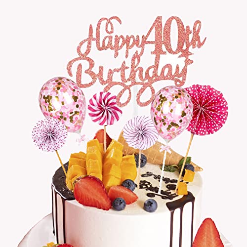 HCRXVV Pink Tortendeko 40.Geburtstag Frau,Rosa 40th Happy Birthday Glitzer Tortendeko,Konfettiballons Cake Topper und Papierfächer Kuchen Deko zum 40. Geburtstag der Frau(7Stück) von HCRXVV