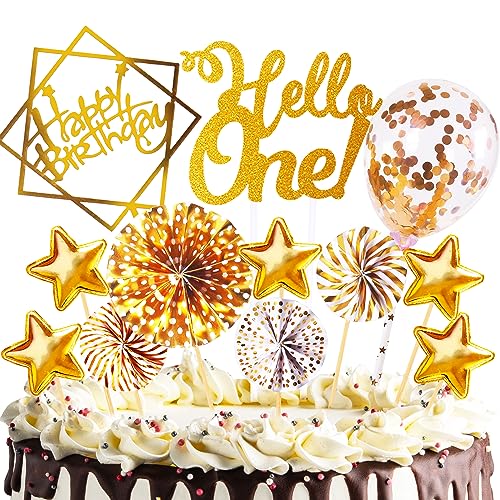 Tortendeko Geburtstag, Happy Birthday jahre Kuchendeko junge mädchen,Cake Topper, Cupcake Topper mit Sternen Konfetti-Luftballons und Papierfächer für Geburtstag (1, Gold) von HCSSZ