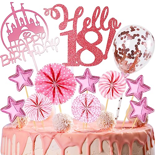 HCSSZ Tortendeko Geburtstag,Happy Birthday 18 Jahre Kuchendeko Frauen mädchen,18. Cake Topper,Cupcake Topper mit Sternen Konfetti-Luftballons und Papierfächer für 18 Geburtstag von HCSSZ