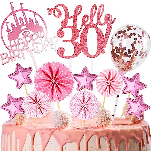 HCSSZ Tortendeko Geburtstag,Happy Birthday 30 Jahre Kuchendeko Frauen,30.Cake Topper,Cupcake Topper mit Sternen Konfetti-Luftballons und Papierfächer für 30 Geburtstag von HCSSZ