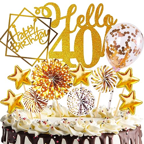 HCSSZ Tortendeko Geburtstag,Happy Birthday 40 Jahre Kuchendeko Frauen mädchen,40. Cake Topper,Cupcake Topper mit Sternen Konfetti-Luftballons und Papierfächer für 40 Geburtstag von HCSSZ