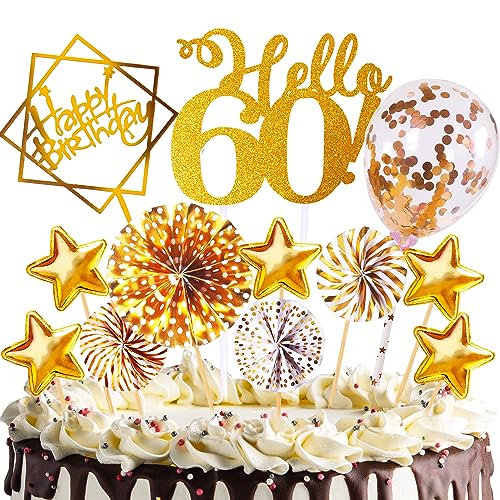 HCSSZ Tortendeko Geburtstag,Happy Birthday 60 Jahre Kuchendeko Frauen Männer,60. Cake Topper,Cupcake Topper mit Sternen Konfetti-Luftballons und Papierfächer für 60 Geburtstag von HCSSZ