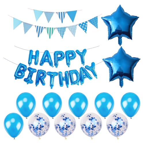 1 Blaues Geburtstagsballon-Set, 1 Dreiecksfahne, Happy Birthday-Ballonbanner, Fünfzackiger Stern-Aluminiumfolienballon, Geburtstagsparty-Dekoration, Atmosphärenballon von HDGSAFD