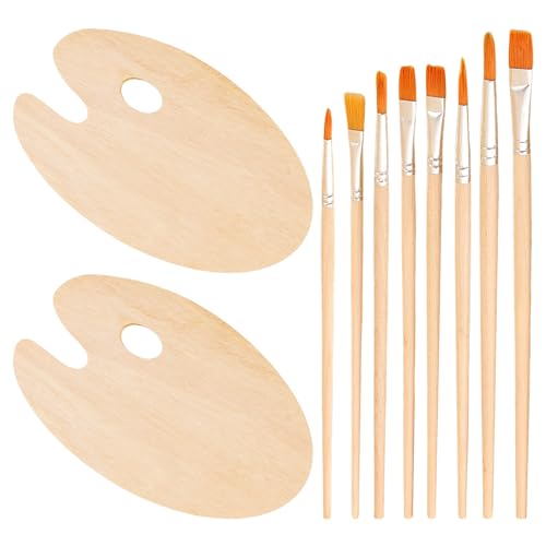 2-Teilige Palette, 8 Pinsel, Holzpalette, Ovales Holztablett, Palette Mit Daumenlöchern, Malwerkzeuge Für Künstler von HDGSAFD