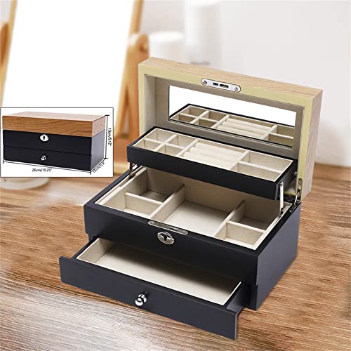 3 Schichten Holz Schmuckschatulle Aufbewahrungsbox Kosmetikschrank Schmuckkästchen Organizer Samt Innendisplay Ohrring mit Spiegel (Schwarz) von HDGTDR3SS215SSSSTT