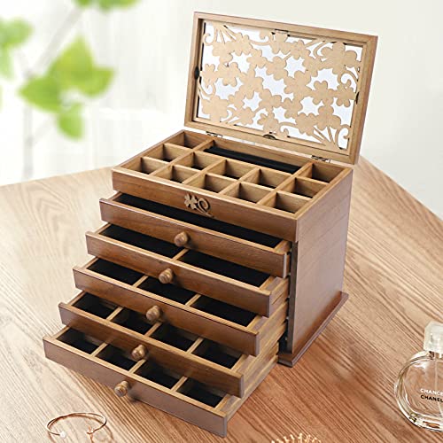 6 Ebenen / 5 Schubladen Geschnitzte Schmuckschatulle Vintage Holz Schmuck Uhr Ringe Box 35 Fächer Organizer von HDGTDR3SS215SSSSTT