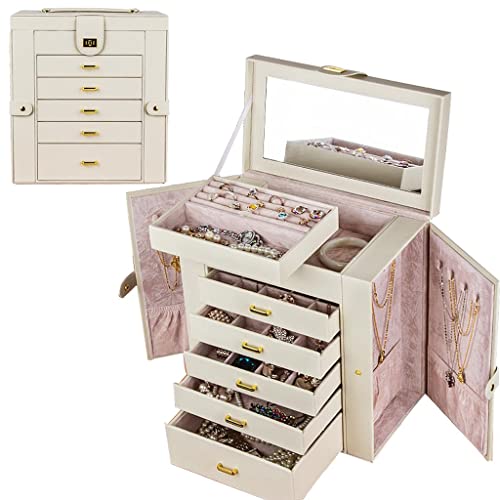 Große Schmuckschatulle, 6 Ebenen mit 5 Schubladen, PU-Leder, Schmuck-Organizer mit Spiegel, Schmucketui für Damen, Mädchen, Geschenk, Schmuck-Organizer (Farbe: einfarbig) von HDGTDR3SS2865SSSSTT