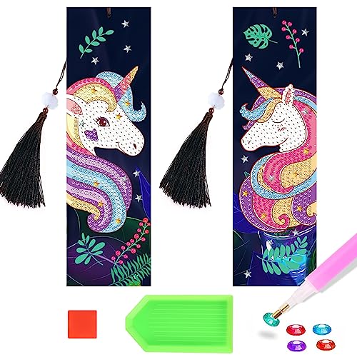 2 Stück Diamond Painting Lesezeichen Set Erwachsene, DIY Diamant Malerei Lesezeichen Leder, Kinder Bookmark 5D Diamant Painting Bilder Einhorn Strass mit Kristall Anhänger für Seiten Markierungen von HDHGXUJRD