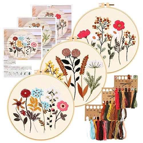 HDHGXUJRD Sticken Set Erwachsene, Blumenmuster Pflanzen Embroidery Kit Stickset für Anfänger mit 3 Stück Kunststoff-Stickrahmen, Stickerei Set Farbfäden und Werkzeuge für DIY Kunst, Handwerk, Sticken von HDHGXUJRD