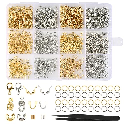 Kettenverschluss Silber Gold, 782 Stück Armband Verschluss Quetschperlen Set 12mm Karabiner Verschluss, 5mm Biegeringe Crimpenden und Schmuck Verschlüsse für DIY Armband Schmuckherstellung 1 Pinzette von HDHGXUJRD