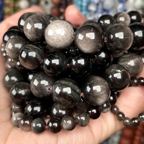 Natursteinperlen 4 6 8 10 mm Tigerauge Lava Amazonit Türkis Verkrustete Achate Jaspis Perlen zur Schmuckherstellung DIY Armband Halskette-Silber Obsidian-8 mm 45 bis 46 Stück von HDJSDB