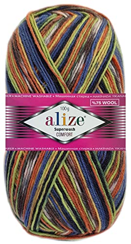 100 Gramm Alize Sockenwolle Superwash Comfort Color Farbig 4fädig 2701 Natur Mix von HDK-VERSAND