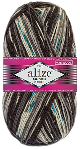 100 Gramm Alize Sockenwolle Superwash Comfort Color Farbig 4fädig 7650 Schwarz Grau Blau von HDK-VERSAND